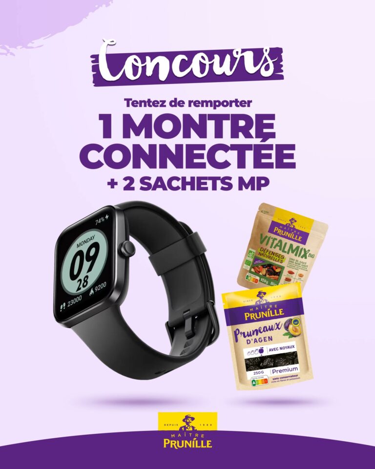 A gagner : 1 montre connectée pour suivre vos performances, 1 sachet de Vitalmix Bio Défenses Naturelles Maître Prunille, 1 sachet de Pruneaux d’Agen avec noyaux Maître Prunille