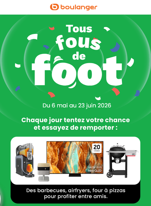 Chaque jour tentez votre chance et essayez de remporter des TV, ordinateurs et enceintes pour regarder les matchs de la Coupe du Monde 2026